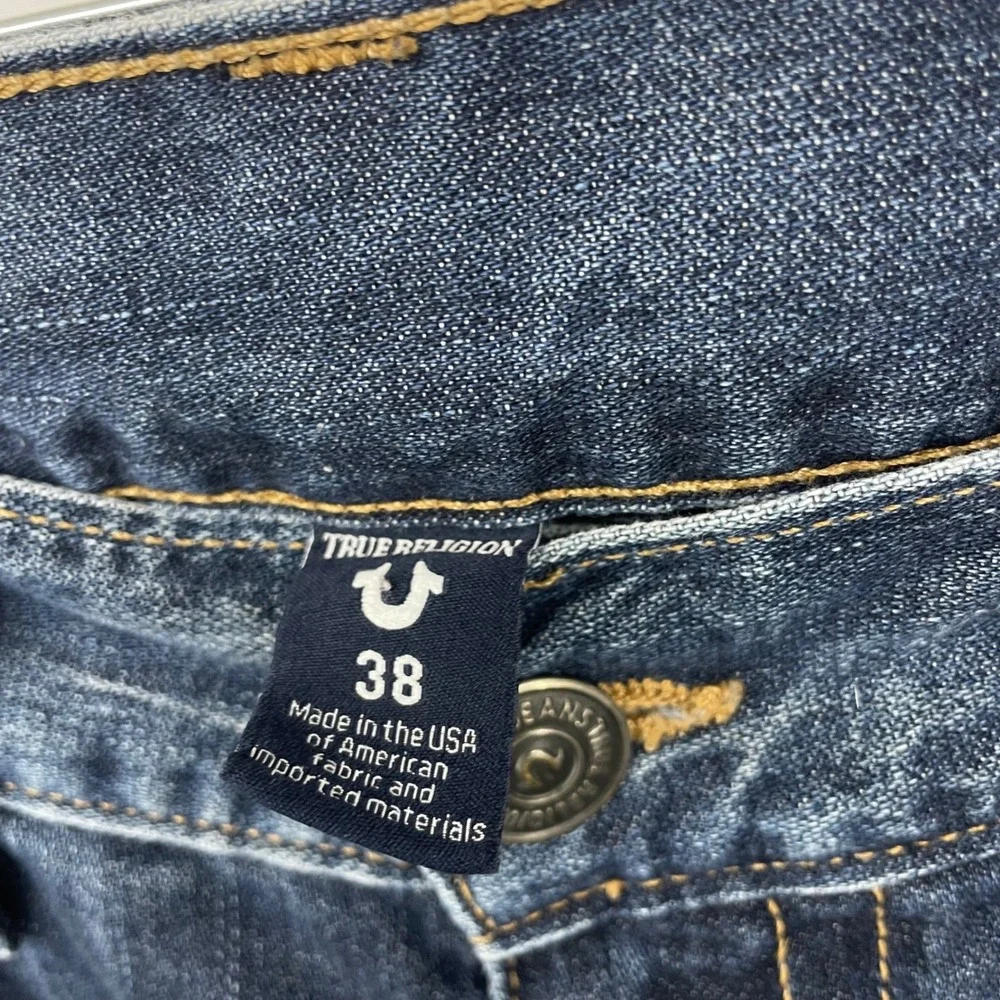 True Religion Mens Size 38x34 Ricky Relaxed‎ Straight Jeans Dark Wash Distressed